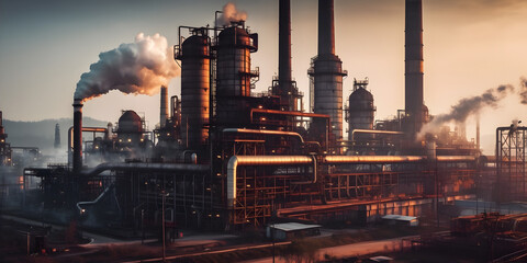 Industrial Architecture: An impressive shot of a large factory or industrial site with machinery and smokestacks. Generative ai.