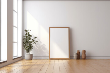 An empty room with a picture frame and a potted plant. Generative AI. Mockup, a blank picture frame.