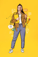 Beautiful female student in drawn clothes on yellow background - obrazy, fototapety, plakaty