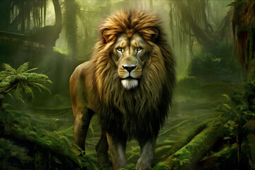 Jungle King: A fierce lion standing proud in his natural habitat. Generative Ai.