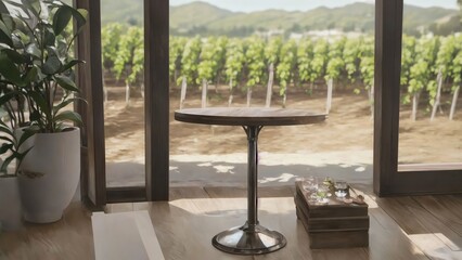 Wooden Table. Product Display. Blurred French Vineyard Backdrop. Generative AI