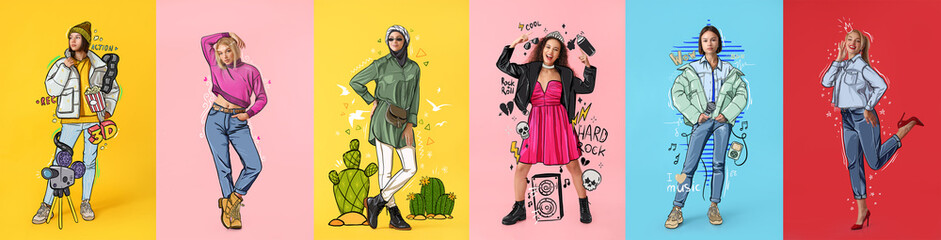 Set of beautiful fashionable women in drawn clothes on color background