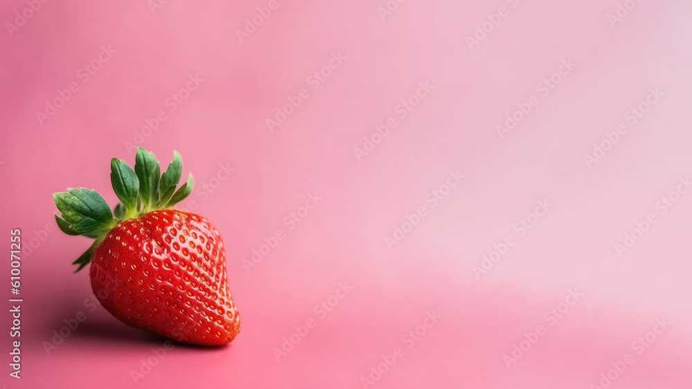 Poster ripe strawberry on a solid bright background with a copy space for text, isolated, generative ai