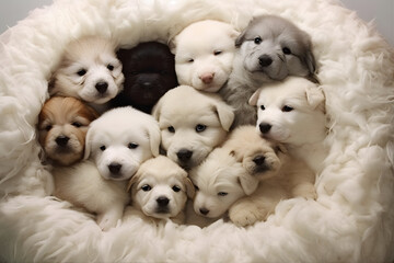 Furry Friends: A group of playful puppies cuddled up together. Generative ai.