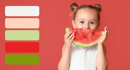 Cute little girl with slice of fresh watermelon on red background. Different color patterns