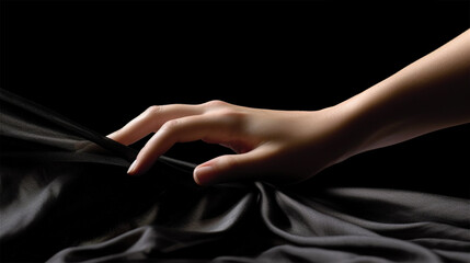 graceful hand in a light airy transparent fabric on a black background. feelings shown by hands. copyspace. Generative AI