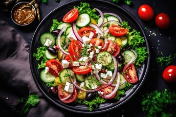 stock photo of greek salad flat lay Food Photography AI Generated