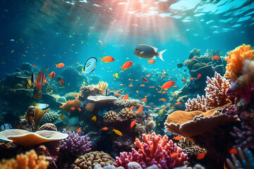 Fototapeta na wymiar Underwater Wonders: Colorful tropical fish swimming in a coral reef. Generative ai.