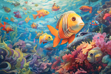 Plakat Underwater Wonders: Colorful tropical fish swimming in a coral reef. Generative ai.