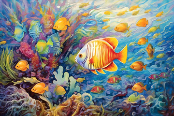 Underwater Wonders: Colorful tropical fish swimming in a coral reef. Generative ai.