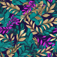 A purple and green seamless neon metallic leaf pattern. Generative AI.
