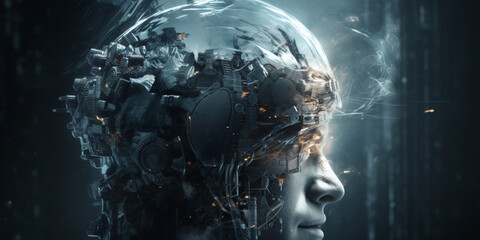 art of the mind, fragmented portraiture, silver and aquamarine, frostpunk, cracked, uhd image, shining technological design