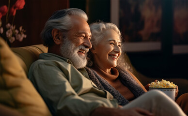 Plakat happy Elderly man and woman are sitting on the sofa and watching a movie .Generative A Generative AI