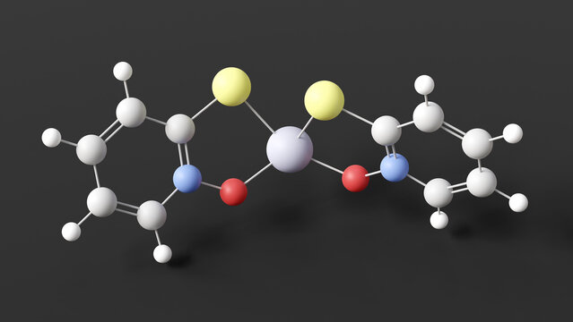 zinc pyrithione molecule, molecular structure, pyrithione zinc, ball and stick 3d model, structural chemical formula with colored atoms