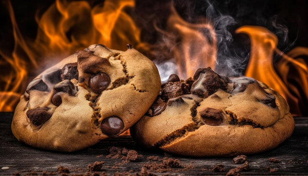Baked chocolate chip cookie on rustic wood table with flames generated by AI