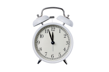 White retro alarm clock isolated on transparent background. Vintage alarm clock for design.