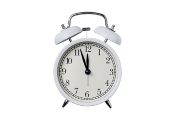 White retro alarm clock isolated on transparent background. Vintage alarm clock for design.