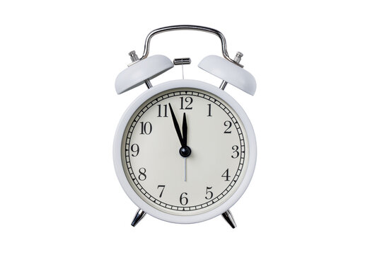 White retro alarm clock isolated on transparent background. Vintage alarm clock for design.