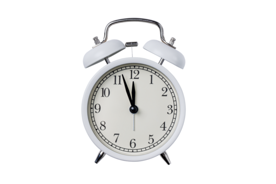 White retro alarm clock isolated on transparent background. Vintage alarm clock for design.