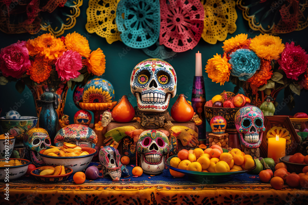 Poster a table topped with lots of different types of decorations. ai generative. day of the dead picturesq