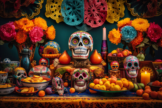 A table topped with lots of different types of decorations. AI generative. Day of the Dead picturesque display