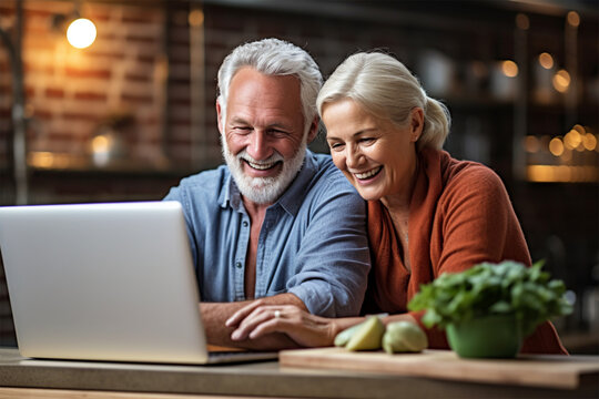 Smiling middle aged husband and wife in their 50s having fun, buying insurance, paying bills online .Generative AI 