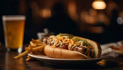 Grilled beef sandwich with fries and hot dog appetizer generated by AI