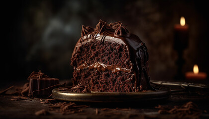 Fototapeta na wymiar Decadent homemade dark chocolate brownie with rich chocolate icing generated by AI