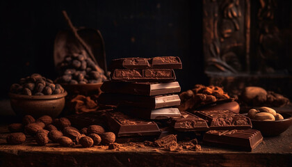 Dark chocolate stack on wooden table, indulgence in sweet temptation generated by AI