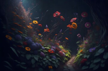 Fototapeta na wymiar Enchanted Garden Delight: Bursting Vibrant Flowers and Magical Creatures Emitting Dazzling Bursts of Colored Light