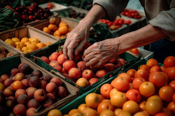 Close-up of hands arranging or picking fruit at a fruit market.Generative AI