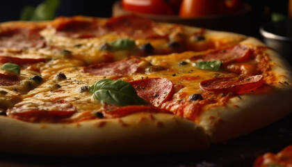 Freshly baked gourmet pizza with mozzarella, salami, and vegetables generated by AI