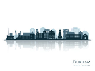 Durham skyline silhouette with reflection. Landscape Durham NC. Vector illustration.