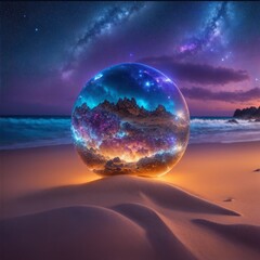 crystal sphere on a shoreline reflecting the epic sunset sky with stars and galaxies created with using Generative AI Technology