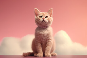 Cute fluffy young cat sitting on white clouds on pink background with copy space. Creative concept for ritual services for pets. Cats in heaven. Generative AI professional photo imitation.