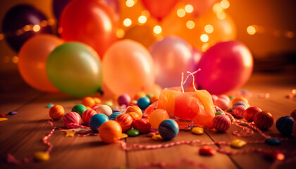 Obraz premium Vibrant colors illuminate the close up of a multi colored party table generated by AI