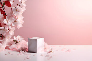 Cosmetic pedestal, pink catwalk with sakura petals, presentation mockup, generative AI 1