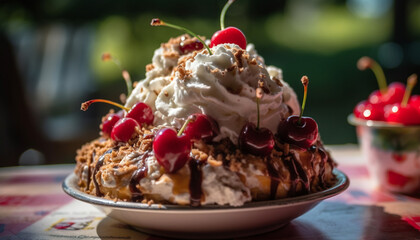 Indulgent homemade dessert Berry cheesecake with whipped cream and chocolate sauce generated by AI