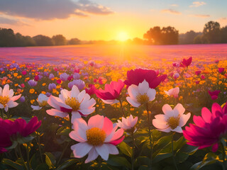 Nature's Canvas Unveiled: A Mesmerizing Field of Flowers in the Sunset