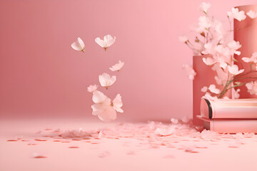 Cosmetic pedestal, pink catwalk with sakura petals, presentation mockup, generative AI