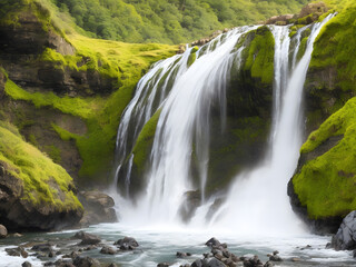 Nature's Tranquil Beauty: Majestic Waterfall Enveloped by Lush Forest Serenity