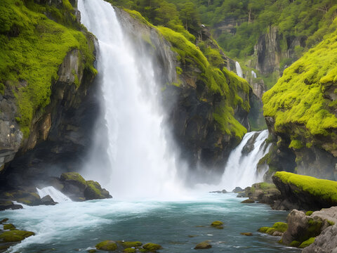 Nature's Tranquil Beauty: Majestic Waterfall Enveloped by Lush Forest Serenity