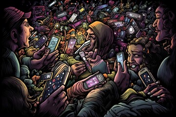 Fototapeta na wymiar Illustration of addiction of phones in the world and in a meaningful and powerful manner in ultra high details, High contrast and attractive colors