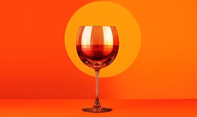  a glass of wine sitting on a table with an orange background and a half circle of light in the middle of the glass is half empty.  generative ai