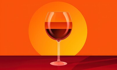  a glass of wine sitting on a table in front of an orange background with the sun shining down on the wine glass in the foreground.  generative ai