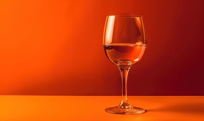  a glass of wine sitting on top of a table next to an orange wall with a shadow of a wine glass on the table top of the glass.  generative ai