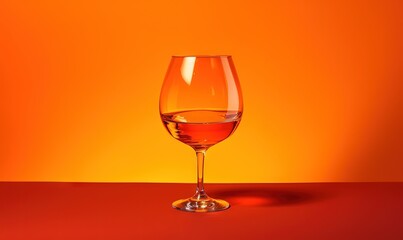 a glass of wine sitting on top of a red counter top next to an orange wall with a shadow of a wine glass on it.  generative ai
