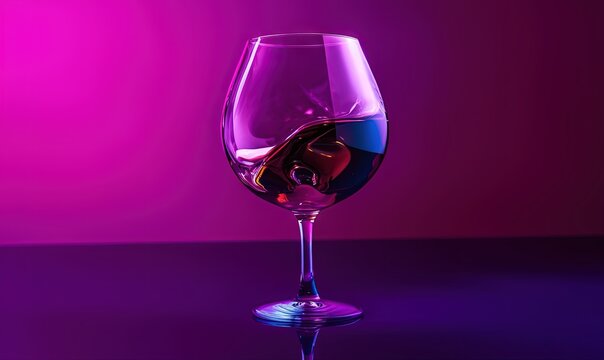  a wine glass with a liquid inside of it on a purple surface with a pink background and a purple light behind it with a reflection of the glass.  generative ai