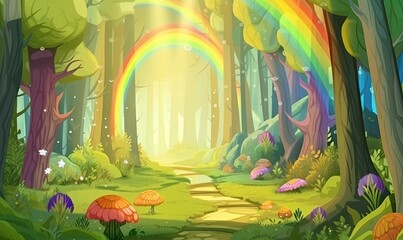 Obraz na płótnie Canvas a rainbow colored forest with a path leading to a rainbow - colored forest with mushrooms and trees, and a path leading to a rainbow - colored forest. generative ai