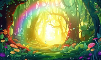  a painting of a forest with a rainbow in the middle of the forest and mushrooms all around the trees and grass, and a rainbow in the middle of the forest.  generative ai